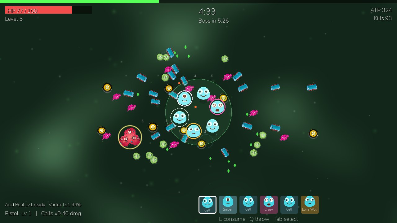 Postmordial gameplay: a ring of player cells fighting a swarm of microbes